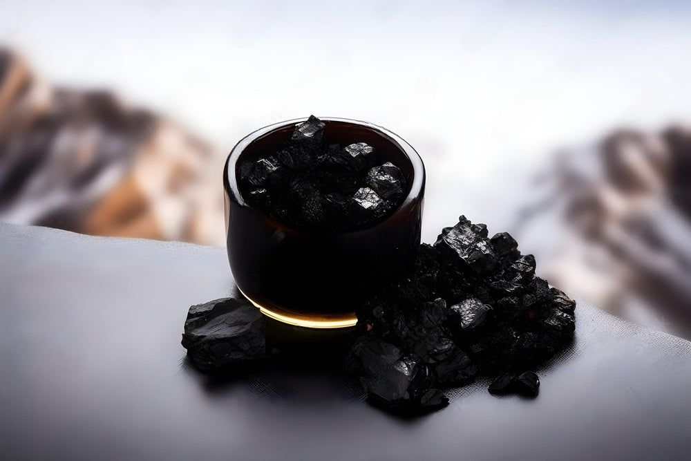 Raw Shilajit in the glass and also outside the glass