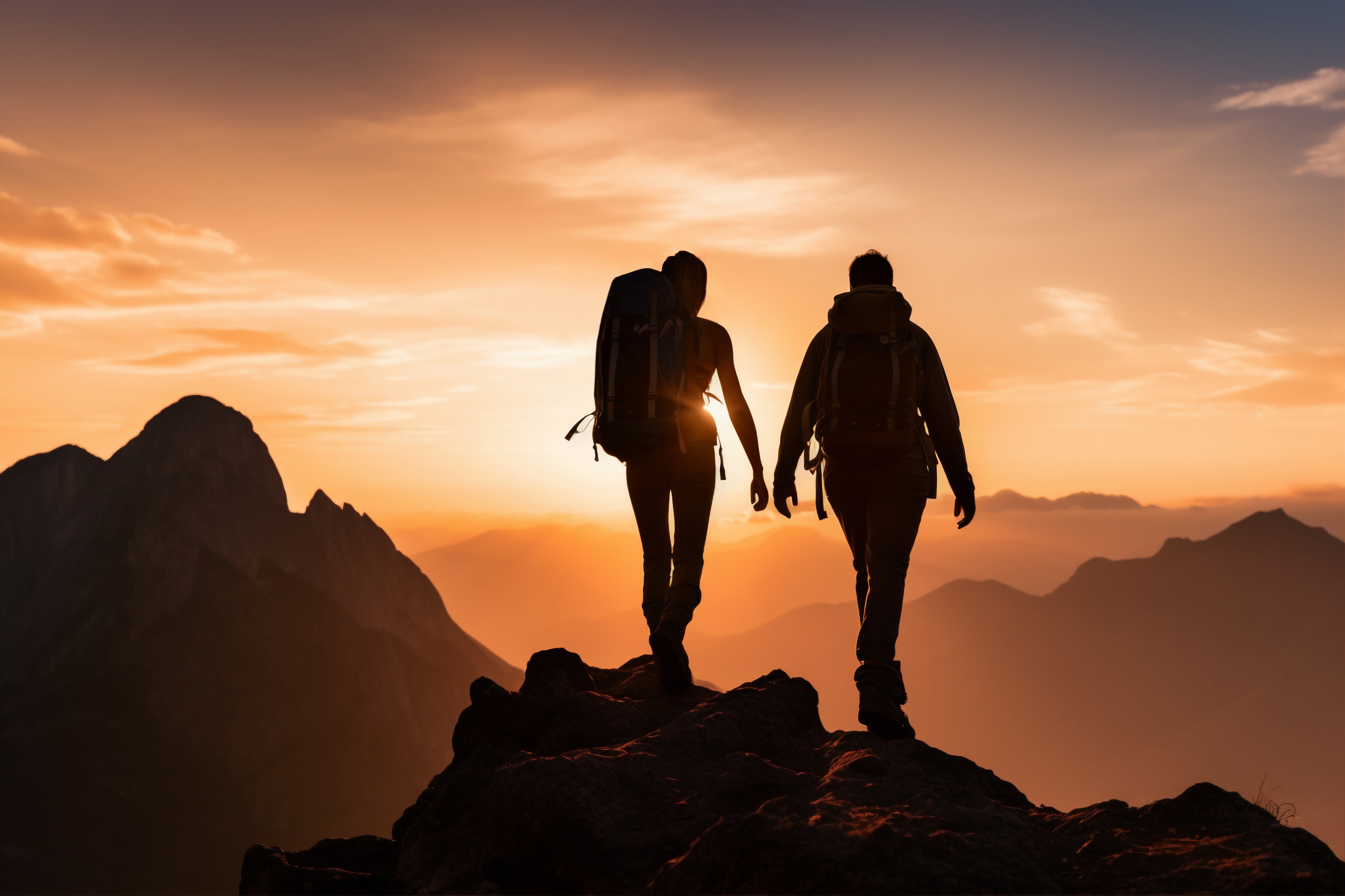 Couple hiking together in front of sun