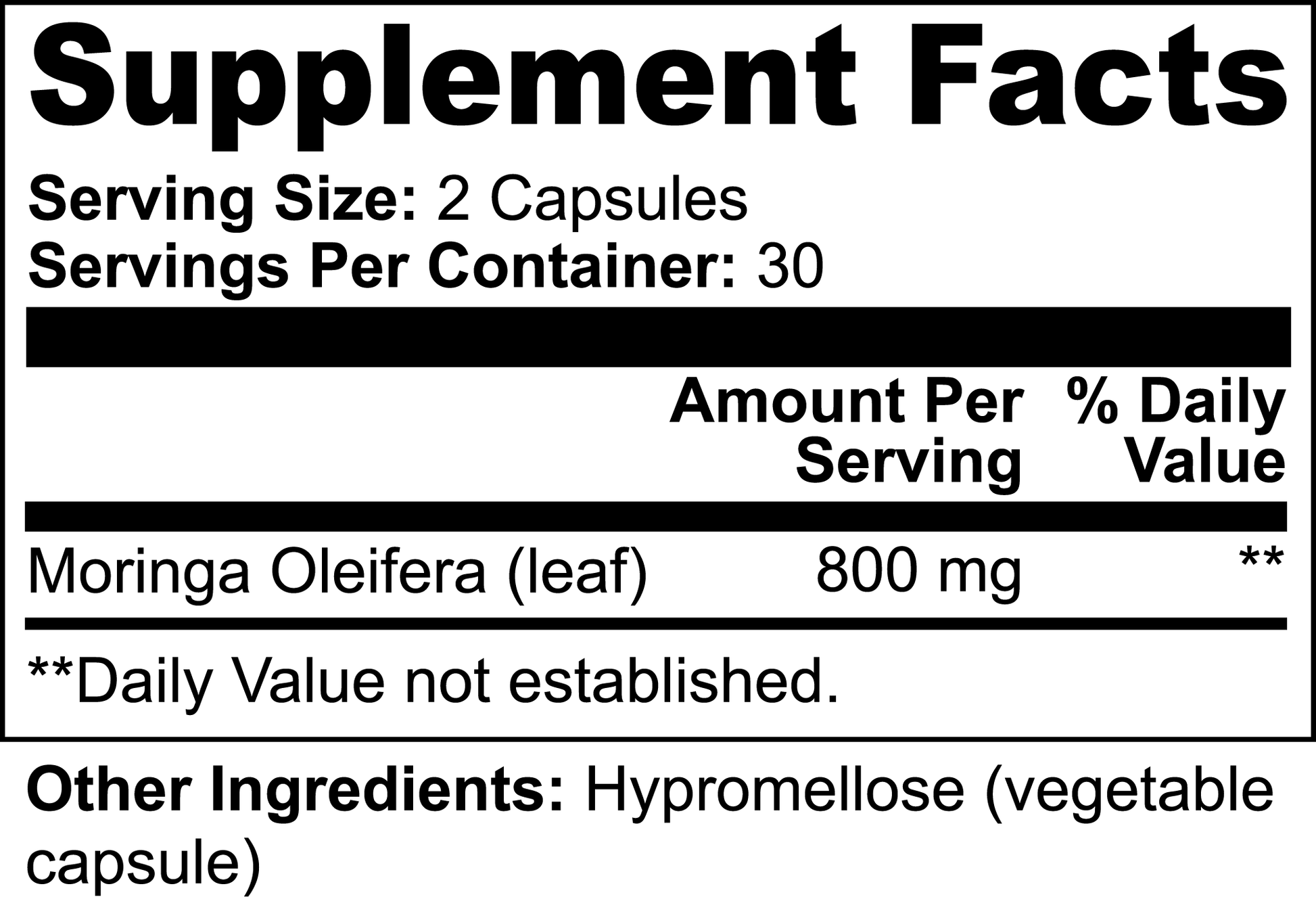 Nutritional information, supplement facts of pure organic moringa capsules