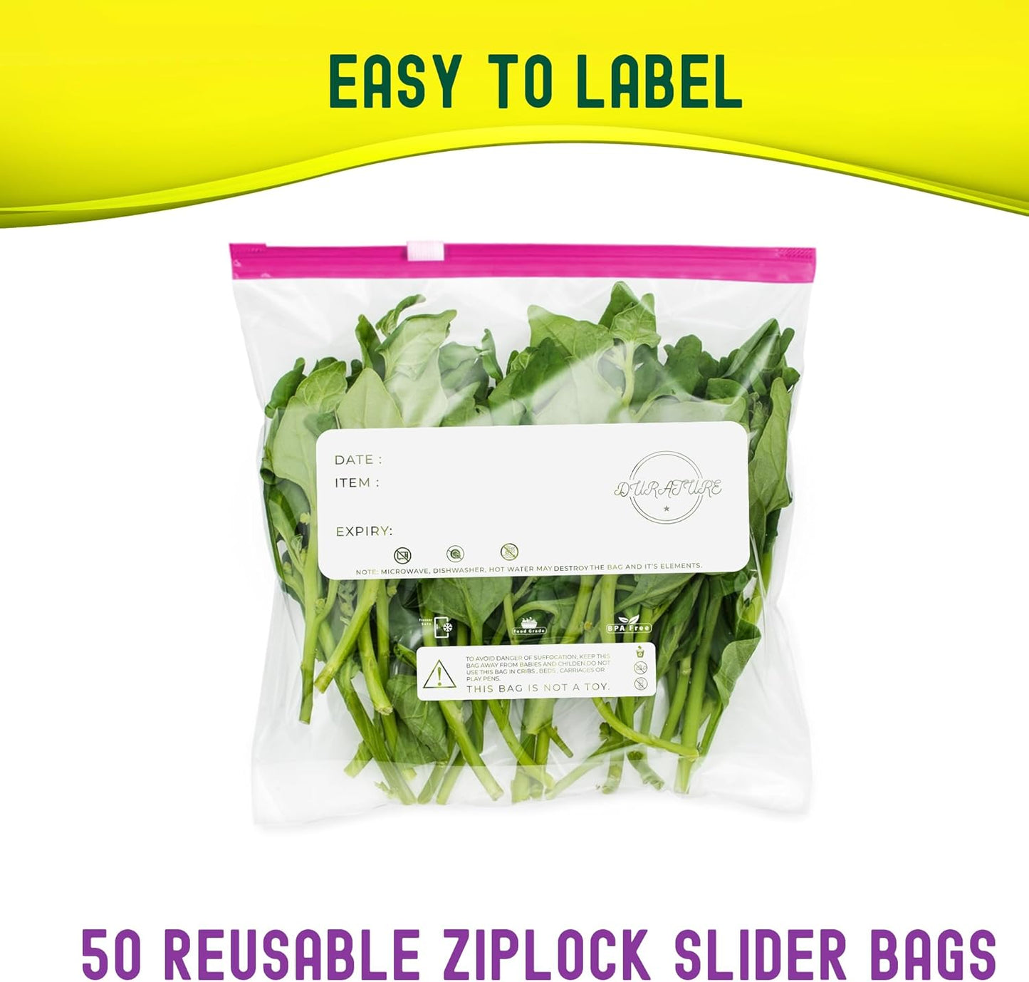 Bolsas para congelador reutilizables Ziplock de un galón (4,55 l) – 50 unidades