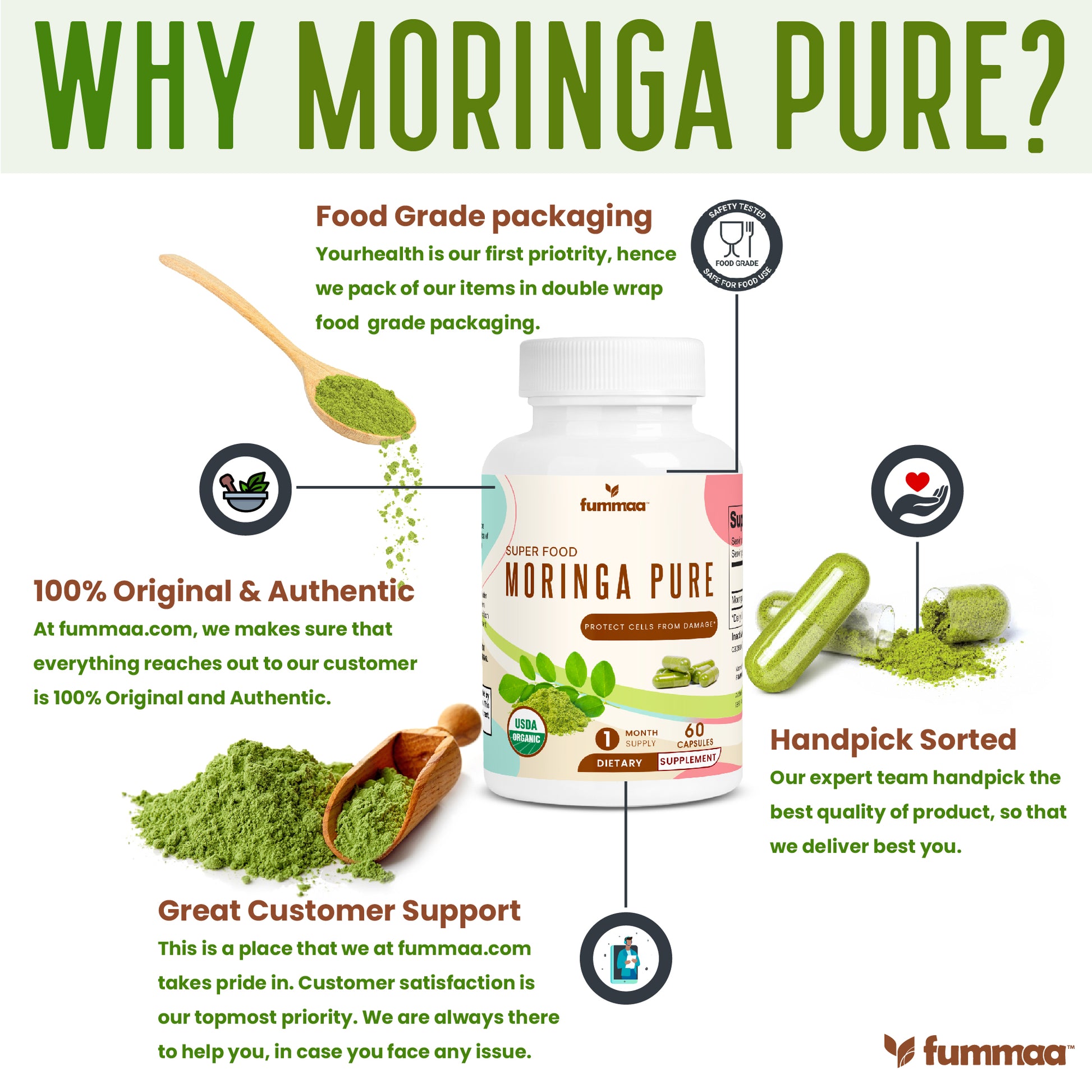 food grade moringa, original and authentic, handpick sorted, why use moringa capsules